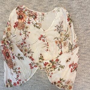Sadie & Sage Floral Boho Bell Sleeve Blouse Women’s Small Cream Romantic Top